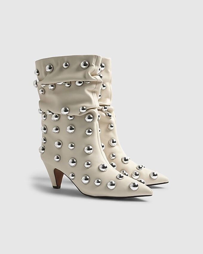 Cream Slouch Studded Ankle Boots