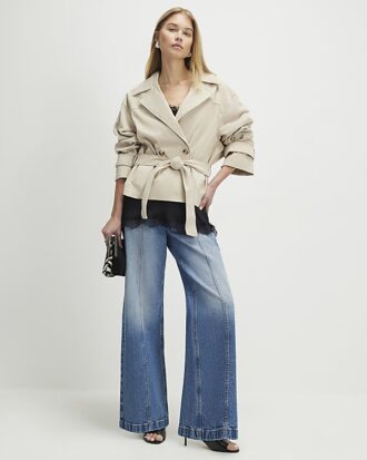 Cream Suede Cropped Trench Coat