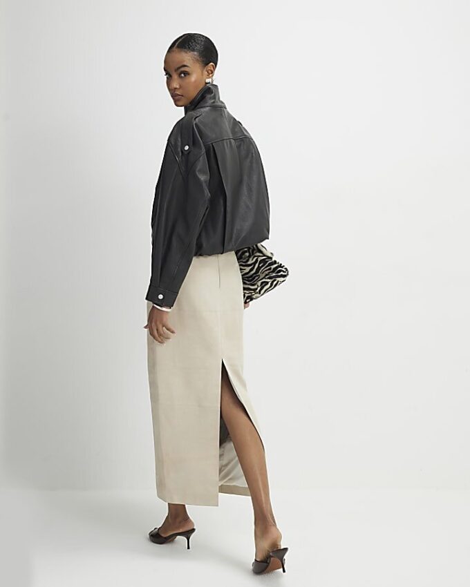 Cream Suede Seam Detail Maxi Skirt