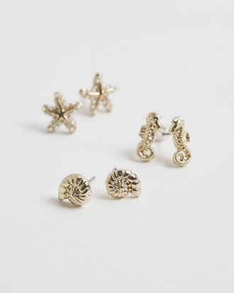 Girls Gold Sealife Pack Of 3 Stud Earrings