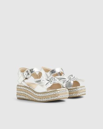 Girls Silver Metallic Bow Wedge Sandals