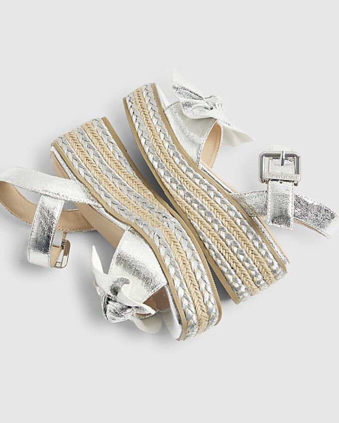 Girls Silver Metallic Bow Wedge Sandals