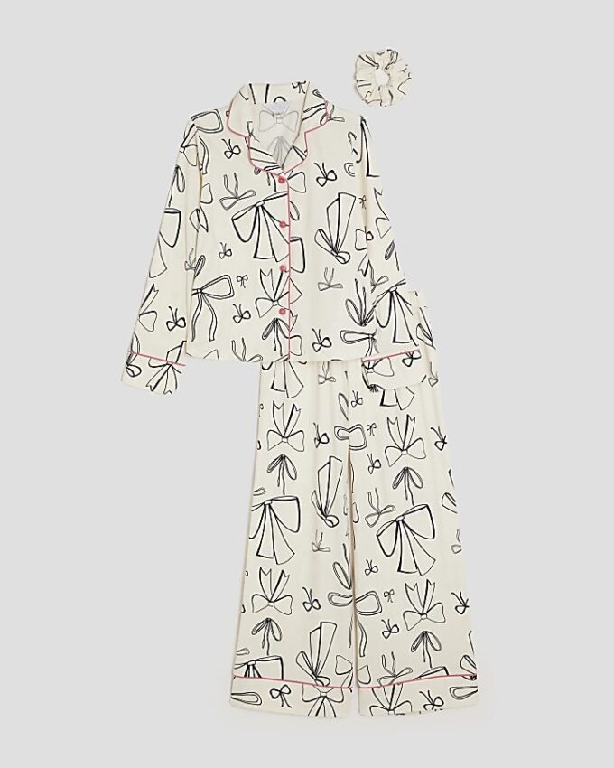 Girls White Bow Monochrome Pyjamas Set