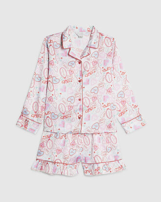 Girls White Love Heart Satin Short Pyjamas