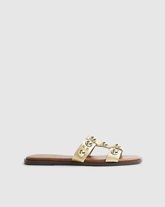 Gold Leather Studded Flat Sandals