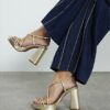 Gold Triple Strap Platform Heeled Sandals