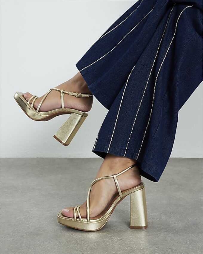 Gold Triple Strap Platform Heeled Sandals