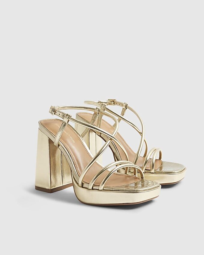 Gold Triple Strap Platform Heeled Sandals