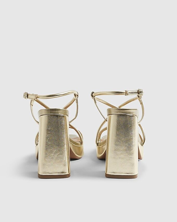 Gold Triple Strap Platform Heeled Sandals