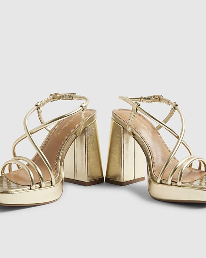 Gold Triple Strap Platform Heeled Sandals