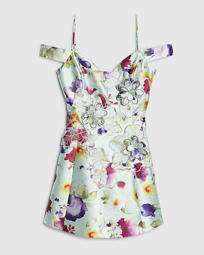 Green 3D Floral Beaded Mini Dress