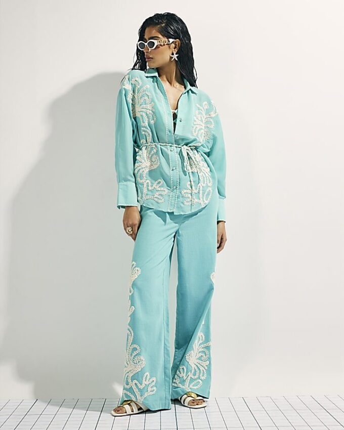 Green Embroidered Long Sleeve Beach Shirt