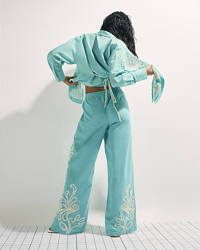 Green Embroidered Wide Leg Trousers