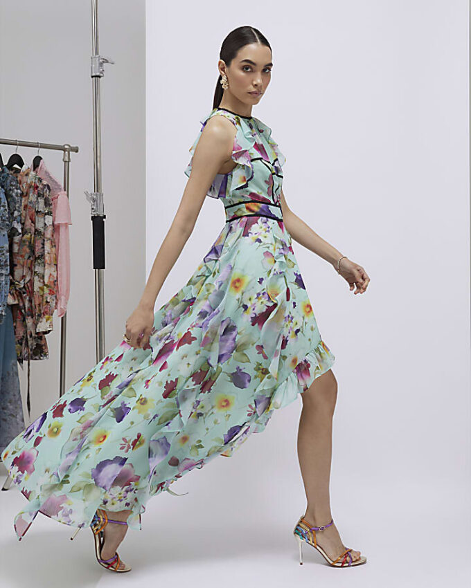 Green Floral Sleeveless Midi Dress