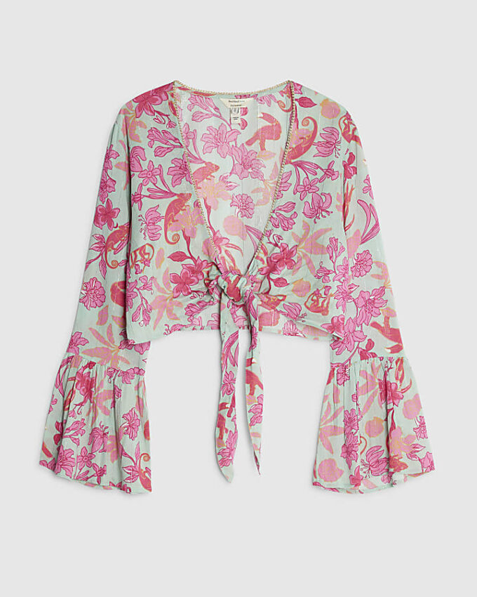 Green Floral Tie Front Beach Top