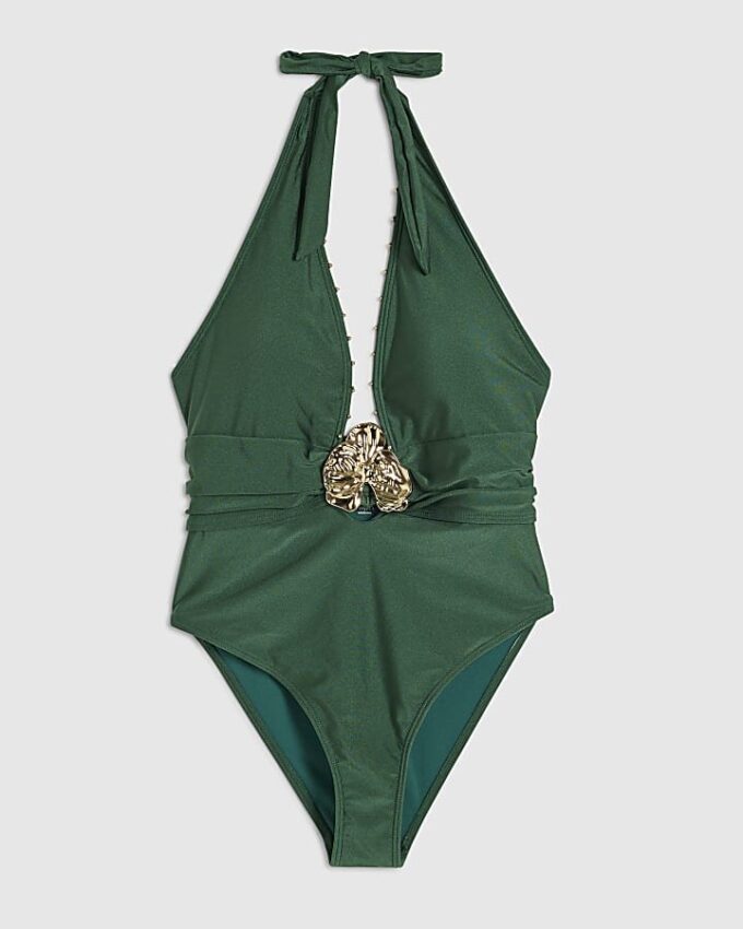 Green Hardware Plunge Swimsuit