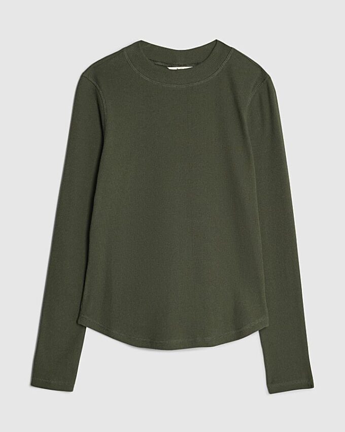 Green Long Sleeve Crew Neck Ribbed Top
