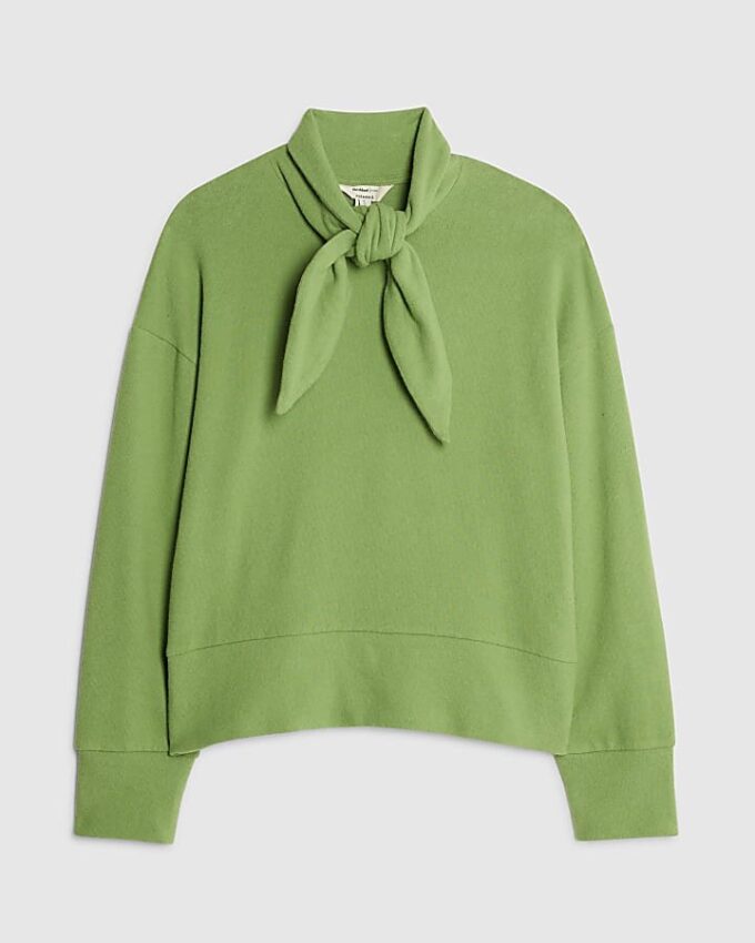 Green Long Sleeve Scarf Tie Neck Cosy Top