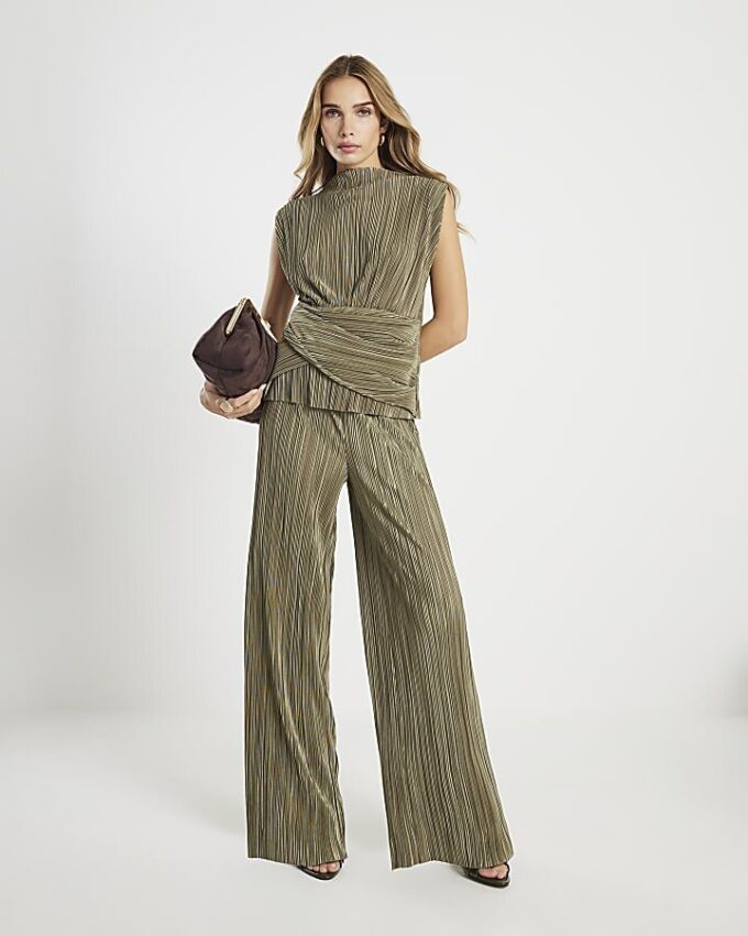 Green Plisse Sleeveless Wrap Top