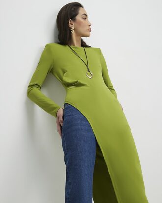 Green Shoulder Pad Long Asymmetric Top