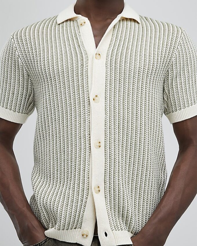Green Slim Fit Button Up Stripe Shirt