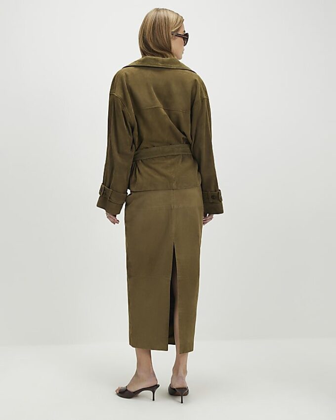 Green Suede Seam Detail Maxi Skirt