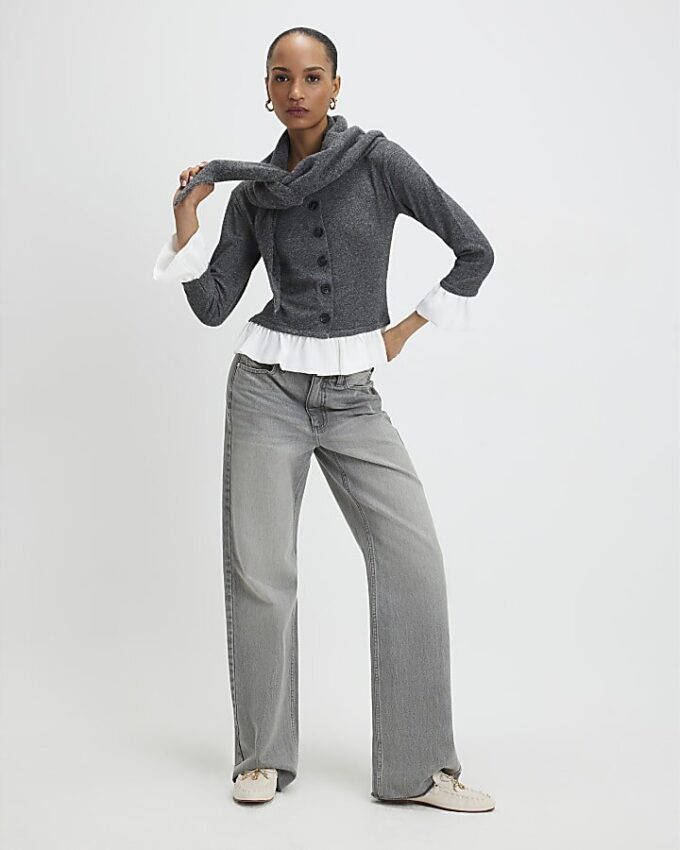 Grey Cosy Long Sleeve Frill Trim Cardigan