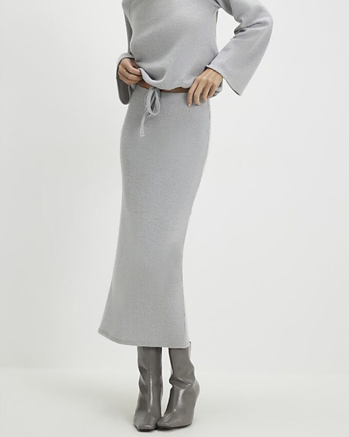 Grey Cosy Ribbed Midi Skirt