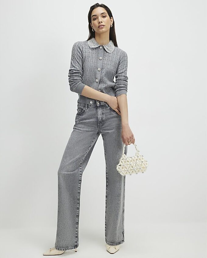 Grey Embellished Collar Cardigan