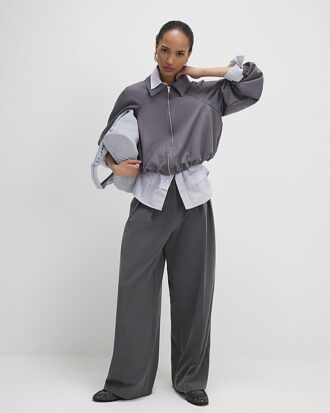 Grey Faux Suede Collared Bomber Jacket