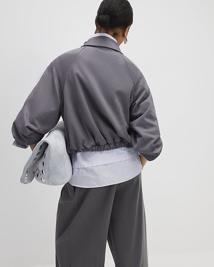 Grey Faux Suede Collared Bomber Jacket