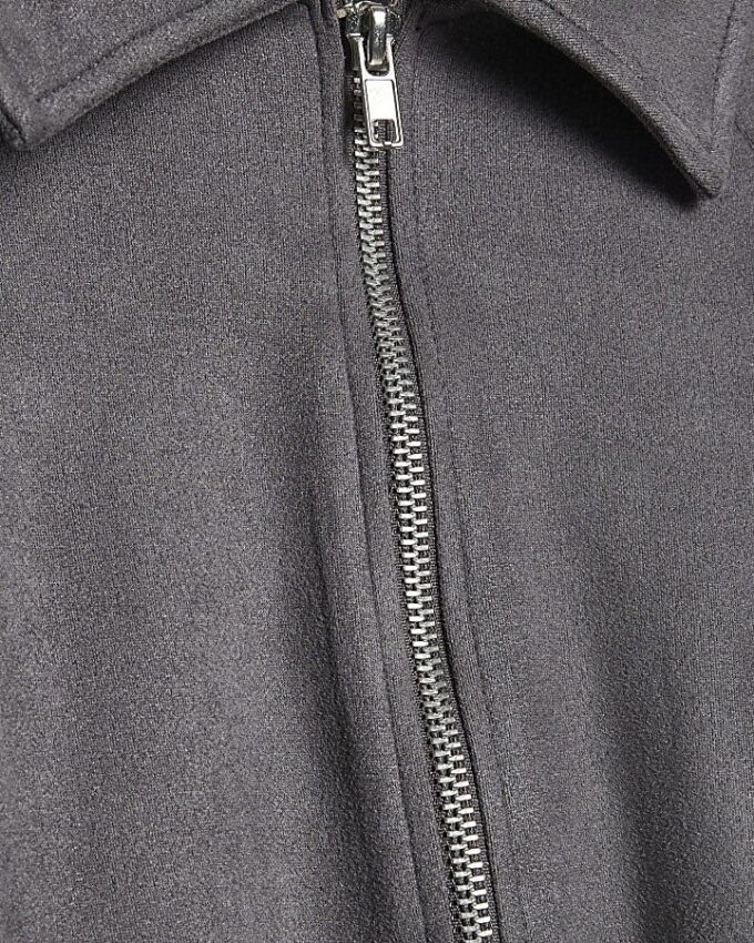 Grey Faux Suede Collared Bomber Jacket