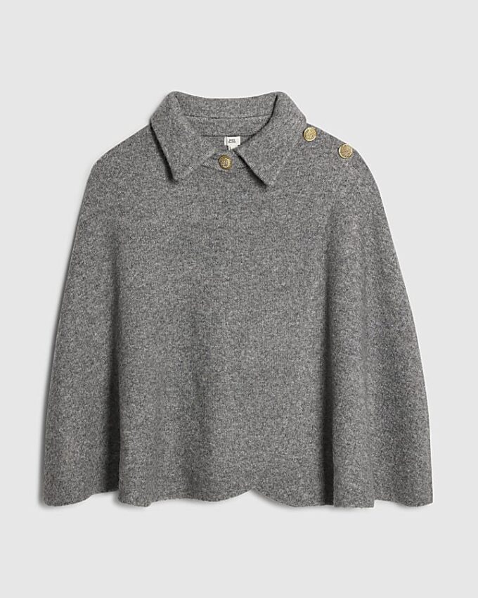 Grey Knitted Wrap Button Cape