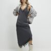 Grey Lace Trim Satin Midi Skirt