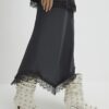Grey Lace Trim Satin Midi Skirt