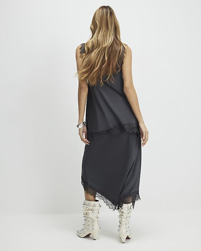 Grey Lace Trim Satin Midi Skirt
