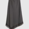 Grey Lace Trim Satin Midi Skirt