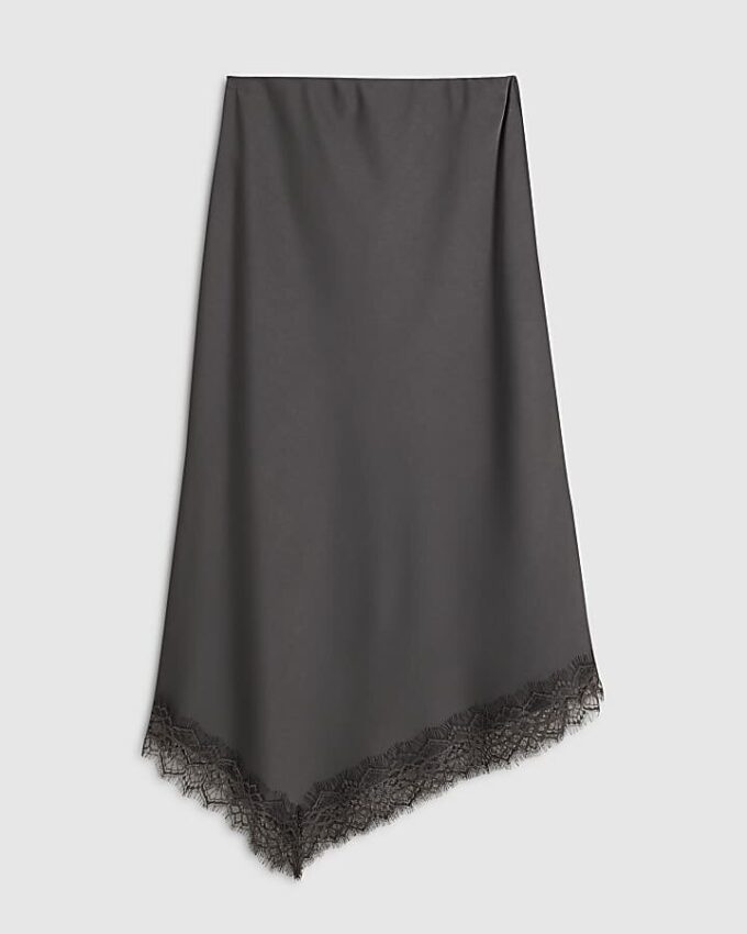 Grey Lace Trim Satin Midi Skirt