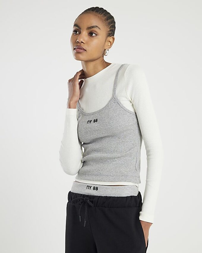 Grey Long Sleeve 2 in 1 Cami Top