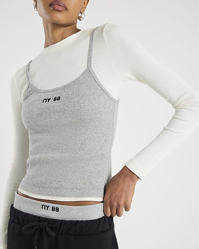 Grey Long Sleeve 2 in 1 Cami Top