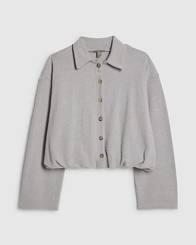 Grey Long Sleeve Cosy Bubble Hem Cardigan