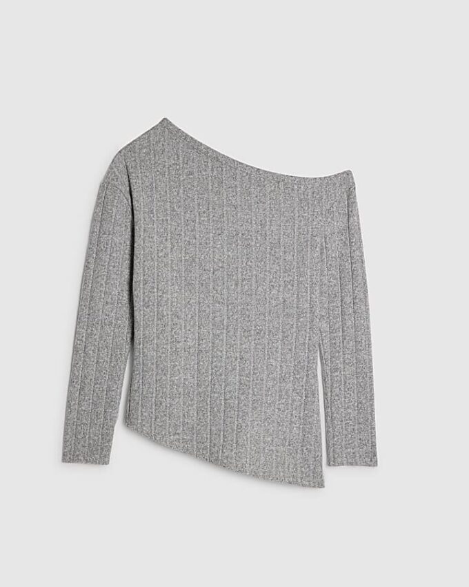 Grey Long Sleeve Cosy Off Shoulder Top