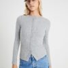 Grey Long Sleeve Popper Through Ribbed Top