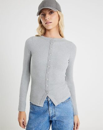 Grey Long Sleeve Popper Through Ribbed Top