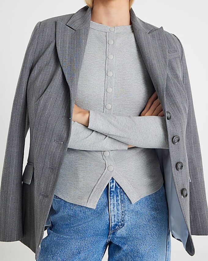 Grey Long Sleeve Popper Through Ribbed Top