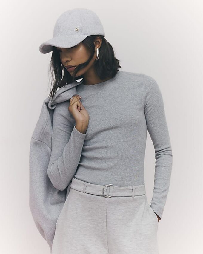 Grey Long Sleeve Ribbed Crew Neck Top