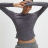 Grey Long Sleeve Ribbed Crew Neck Top