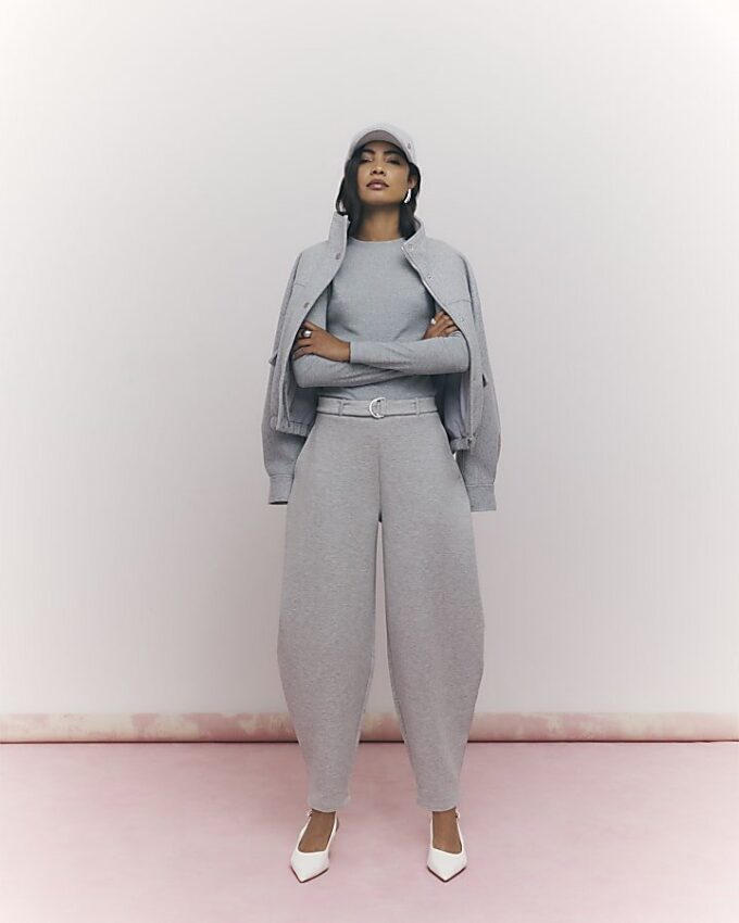 Grey Long Sleeve Ribbed Crew Neck Top
