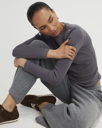Grey Long Sleeve Ribbed Crew Neck Top