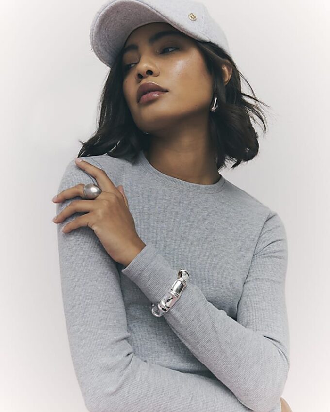 Grey Long Sleeve Ribbed Crew Neck Top